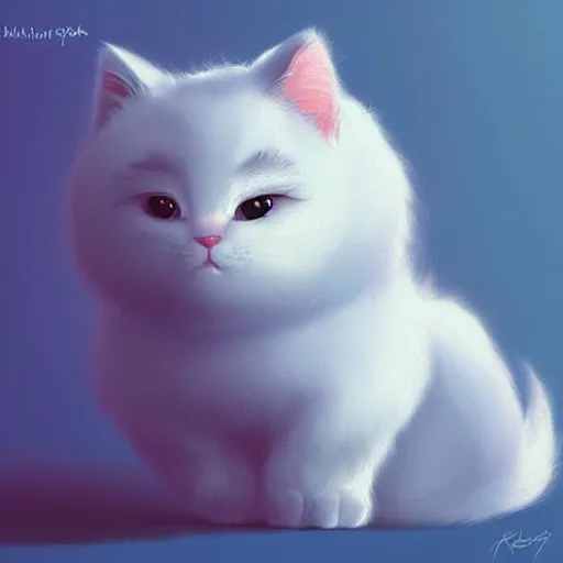 Image similar to cute kitty as a cloud, fluffy, white fur, blue eyes, pixar, concept art, digital art, painting