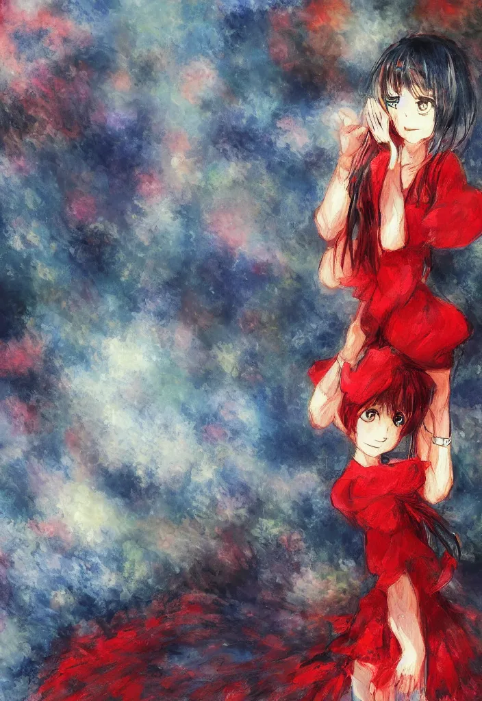 Image similar to medium shot portrait, a cute red outfit, tokyo anime scener, very anime in impressionist style, anime trending artwork, anime painter studio, by claude monet