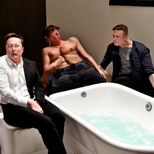 Prompt: elon musk in bath with his friends