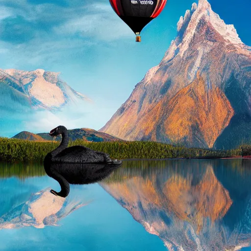 Image similar to photo of two black swans touching heads in a beautiful reflective mountain lake, a colorful hot air balloon is flying above the swans, hot air balloon, intricate, 8k highly professionally detailed, HDR, CGsociety