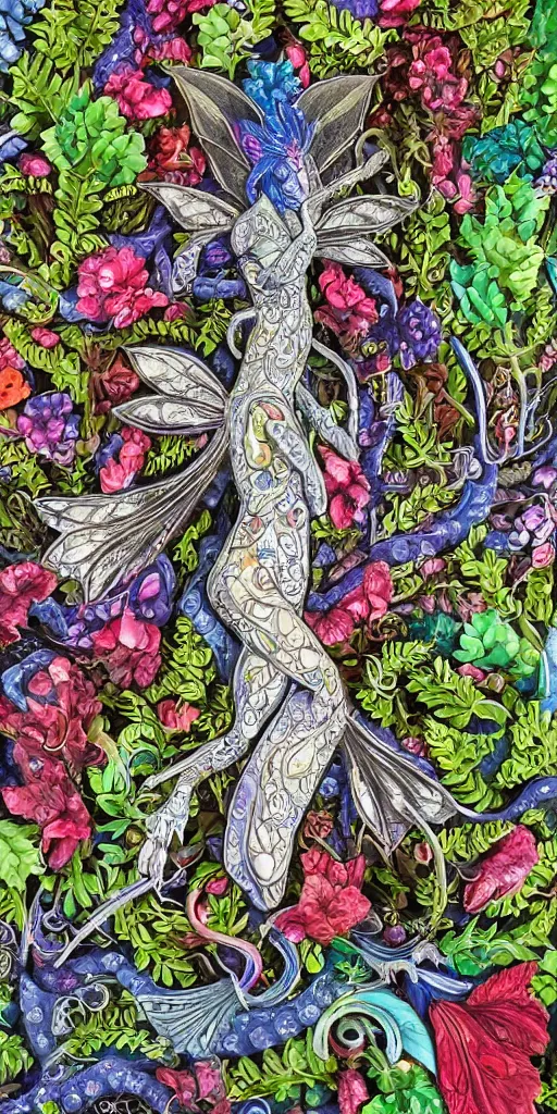 Prompt: intricate colourfully painted carved Soapstone relief paneling of a fairy dragon, faerie, silver and sapphire, mythical, vibrant vegetation, trees, flowers, colorful vines, dark atmosphere, bright colors, vivid colors, Ghostly, ornate, mystical, fantasy, crystaline celtic, insanly detailed , trending on artstation, wallpaper, hyper realistic, realistic lighting, ambient occlusion, 8k, unreal engine, octane render, HDR, HD, award winning, featured, VFX, CGI