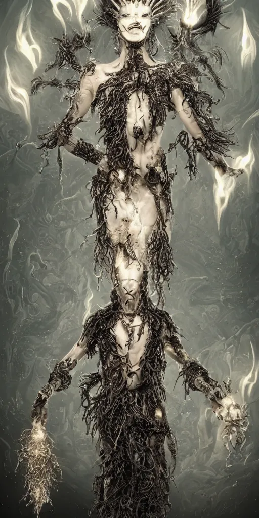 Image similar to full body and head , spiked black hair character design of realistic asian Sumerian Death Goddess ivory skin runic icons + mystical symbols, with small bleached bones covering vest and flowing electricity and smoke , fantasy, intricate, elegant, highly detailed , peter mordenbacher,Mike Winkelmann, ultra realistic, intricate, epic lighting, 8k , unreal engine 5, ultraviolet colors