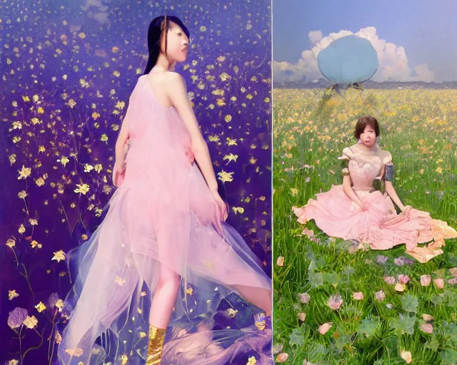Image similar to lee jin - eun in elegant chic holographic dress emerging from gold gold by martine johanna, michael garmash and katsuhiro otomo, rule of thirds, seductive look, beautiful, cotton candy clouds, puyallup berteronian, himalayan poppy flowers, sea holly flowers, gorgeous