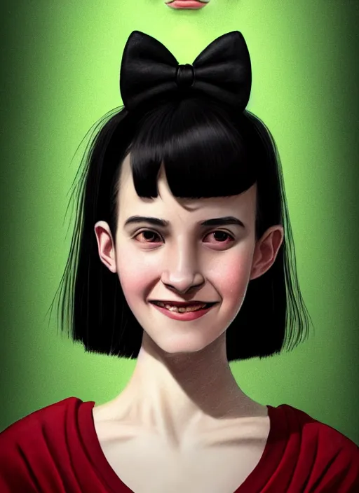 Image similar to portrait of high school girl, realistic, black hair, bangs, half updo hairstyle, pointy nose, skinny, smile, ugly, defined jawline, big chin, green hair bow, earrings, intricate, elegant, glowing lights, highly detailed, digital painting, artstation, sharp focus, illustration, art by wlop, mars ravelo and greg rutkowski