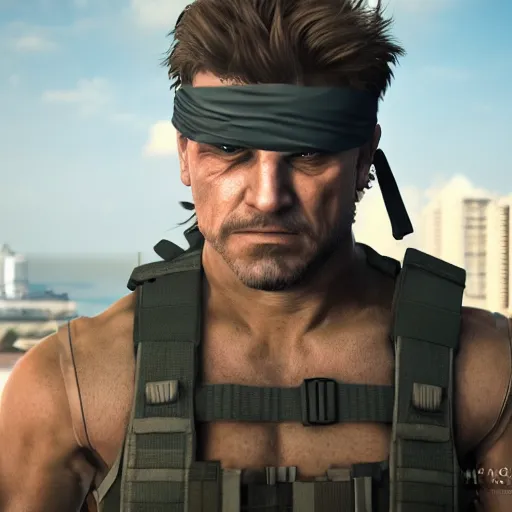 Prompt: An ultra realistic portrait of Solid Snake in Maracaibo, 4k, Ultra realistic, Highly detailed,