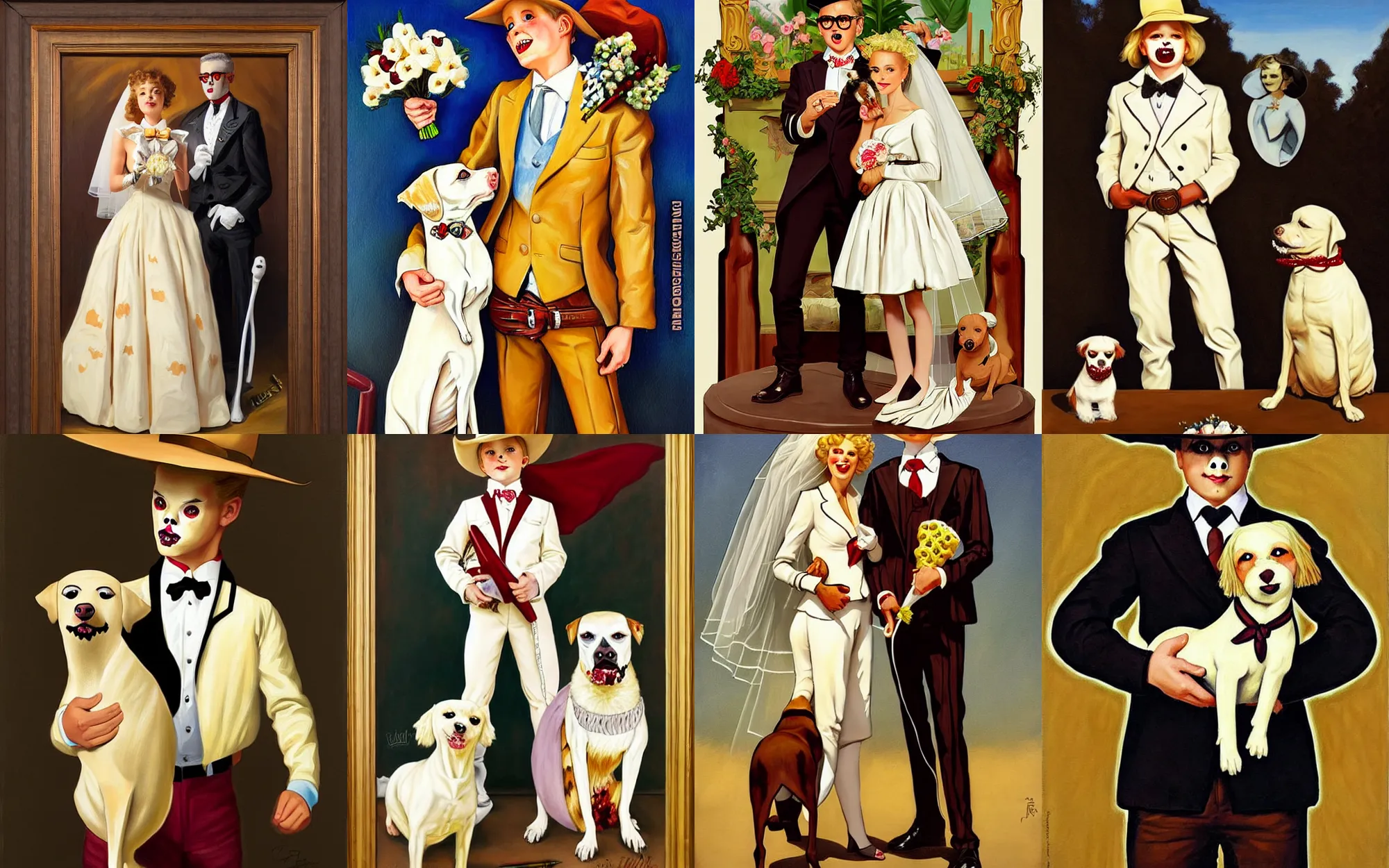 Prompt: stylish painting of the Milkybar kid marrying undead dog. In the style of JC Leyendecker