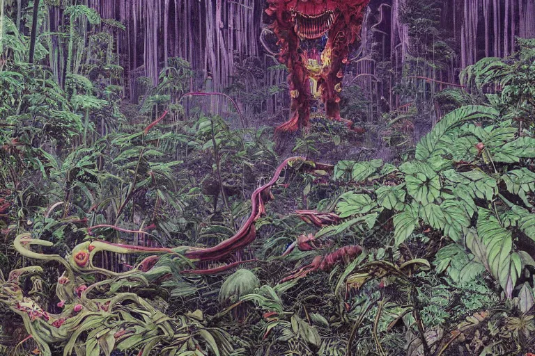 Prompt: lots of glass details, a lot of exotic vegetation, trees, flowers, ultra colors, gigantic angry tremendous akira tetsuo monster, extreme close - up staying in the foggy huge dark night forest covered with web and cotton and a lot of glow - worms, by moebius, hyperrealism, intricate detailed, risograph