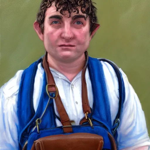 Image similar to close up headshot of a frowning clean shaven pudgy British lad with short curly dark brown hair as a hobbit wearing a white men's crossbody sling chest bag and blue vest, blue vest!! white crossbody chestbag!! high resolution film still, painting by Ed Binkley