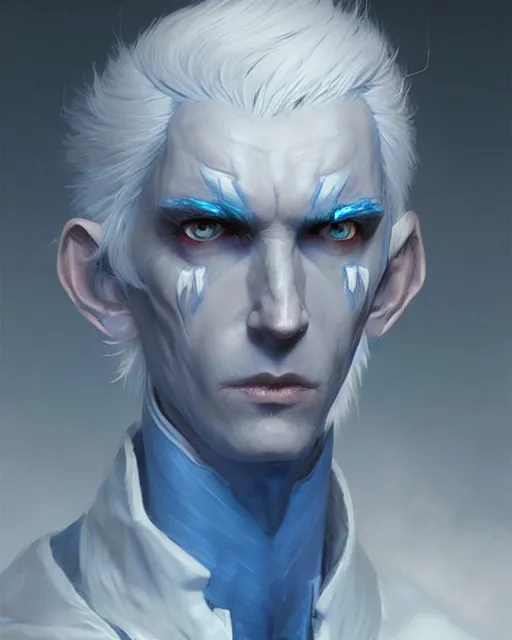 Prompt: character portrait of a slender half eldar man with white hair, piercing blue eyes, and pale bluish skin, by greg rutkowski, mark brookes, jim burns, tom bagshaw, trending on artstation