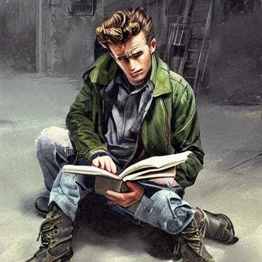 Prompt: a highly detailed epic cinematic concept art CG render digital painting artwork costume design: young James Dean as a well-kept neat anarchist rebel in 1950s green USSR mechanic outfit and big boots, reading a book. By Greg Rutkowski, Ilya Kuvshinov, WLOP, Stanley Artgerm Lau, Ruan Jia and Fenghua Zhong, trending on ArtStation, subtle muted cinematic colors, made in Maya, Blender and Photoshop, octane render, excellent composition, cinematic atmosphere, dynamic dramatic cinematic lighting, aesthetic, very inspirational, arthouse