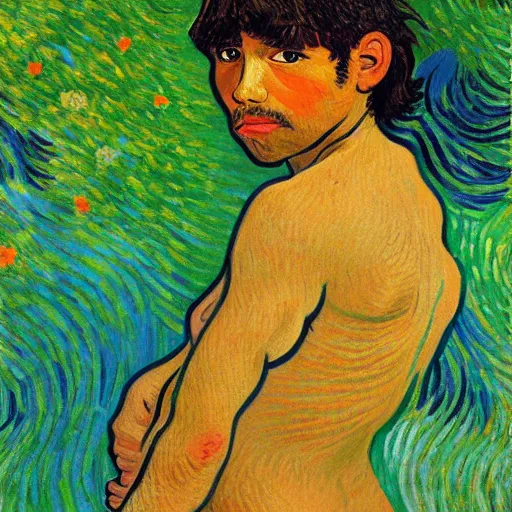 Image similar to painting of Mowgli by Vincent Van Gogh. Realistic, hyperdetailed