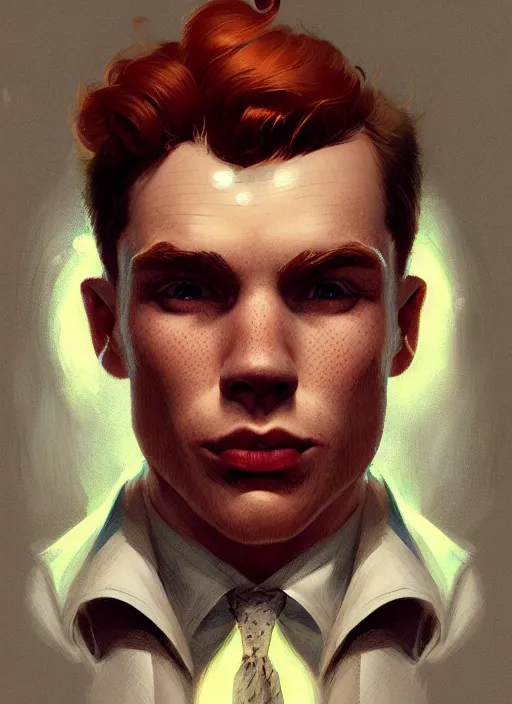 Image similar to portrait of archie andrews, freckles, curly peaky blinders hair, intricate, elegant, glowing lights, highly detailed, digital painting, artstation, concept art, smooth, sharp focus, illustration, art by wlop, mars ravelo and greg rutkowski