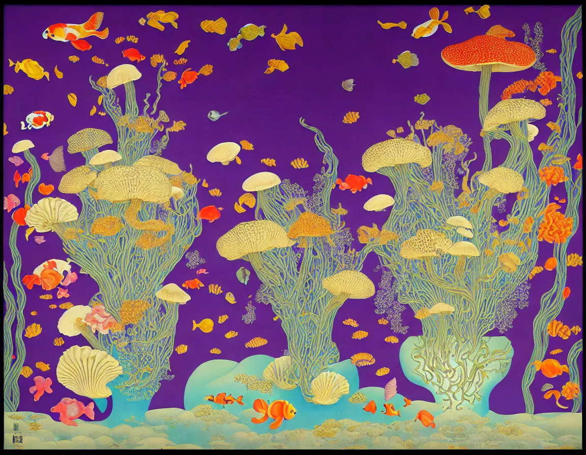 Prompt: vase of mushroom in the sky and under the sea decorated with a dense field of stylized scrolls that have opaque purple outlines, with koi fishes, ambrosius benson, kerry james marshall, afrofuturism, oil on canvas, hyperrealism, light color, no hard shadow, around the edges there are no objects