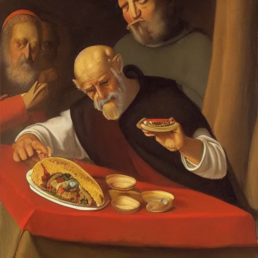 Prompt: St Peter eating a taco, painted by master painters