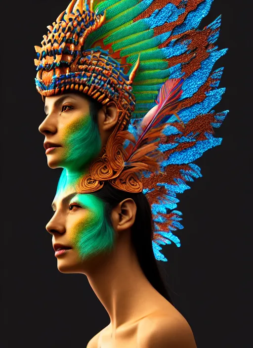 Prompt: 3 d mexican goddess profile portrait. beautiful intricate highly detailed quetzalcoatl mask and feathers. low - key lighting, bioluminescent, plasma, lava, ice, water, wind, creature, artwork by tooth wu and wlop and beeple and lee jeffries, 8 k trending on artstation,