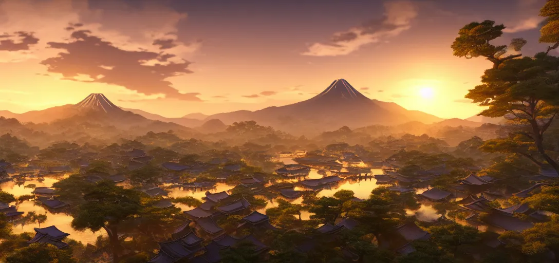 Image similar to epic view of beautiful ancient japanese city at sunset, clear skies, winding rivers, there are hills in the far background distance, unreal engine, dramatic lighting, detailed, ambient occlusion, global illumination, god rays, 3 d artstation render by greg rutowski and jessica rossier