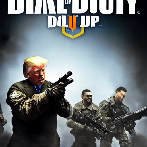 Prompt: Donald Trump on the call of duty black ops 2 cover art