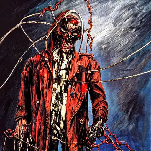 Prompt: demonic cyberpunk ghost rider swinging a barbed wire whip, extremely detailed concept art, palette knife oil painting, dark saturated colors, terrifying masterpiece, maximalist, full body portrait, black background, horror, by Ralph Steadman, by Giger, by Christian Lacroix