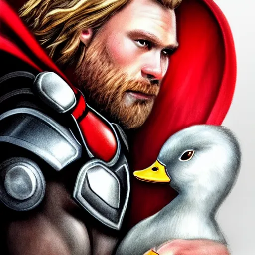 Prompt: thor holding a duck, detailed face, digital art, trending on artstation