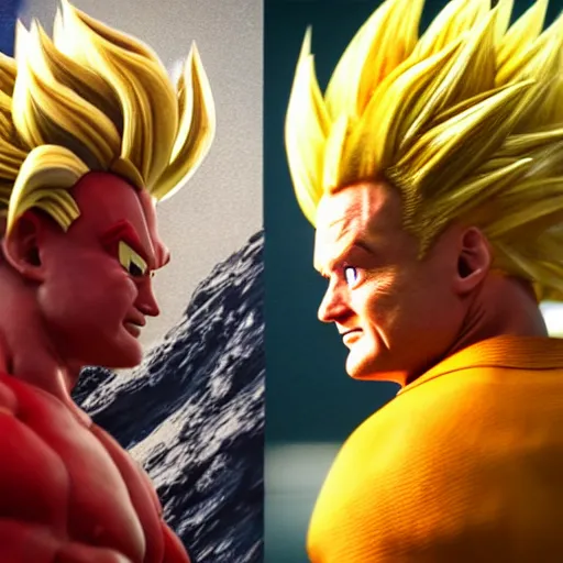 Image similar to Photo realistic live action Super Saiyan Leonardo Di Caprio vs Majin Bill Murray WWE takedown ray traced 8K anti-aliased highly detailed cinematic render award winning photography pay-per-view screen recording