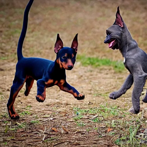 Prompt: an excited baby doberman puppy jumping onto a surprised adult cat