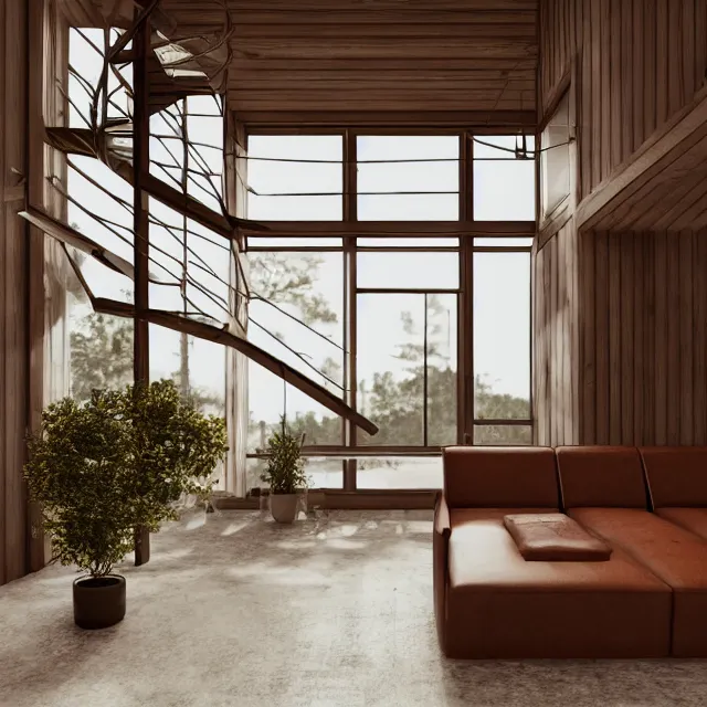 Prompt: post and beam a - frame interior, tall ceilings and loft, caramel leather couch, bookshelf, vintage refrigerator and kitchen, large window in back with fall foliage, many plants hanging, marble countertops, spiral staircase, realistic, unreal engine render, octane render, hyper realistic, photo, 8 k