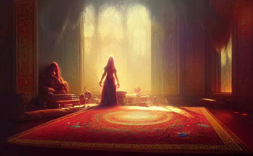 Image similar to magic fluffy Persian carpet dimension, by Greg Rutkowski and Gaston Bussiere, dim lighting, beautiful volumetric-lighting-style atmosphere, surreal atmosphere, intricate, detailed, photorealistic imagery, artstation