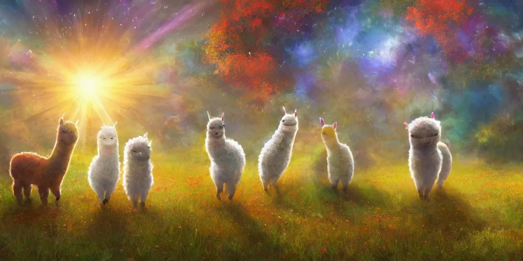 Prompt: magical fairy alpacas frolicking in a field, autumn, sparkles, illustration, light beams, digital art, oil painting, fantasy, 8 k, trending on artstation, detailed