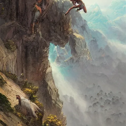 Image similar to angel protecting man falling from a cliff, detailed intricate ink illustration, happy atmosphere, detailed illustration, hd, 4k, digital art, overdetailed art, by greg rutkowski, by loish, complementing colors, Trending on artstation, movie poster style