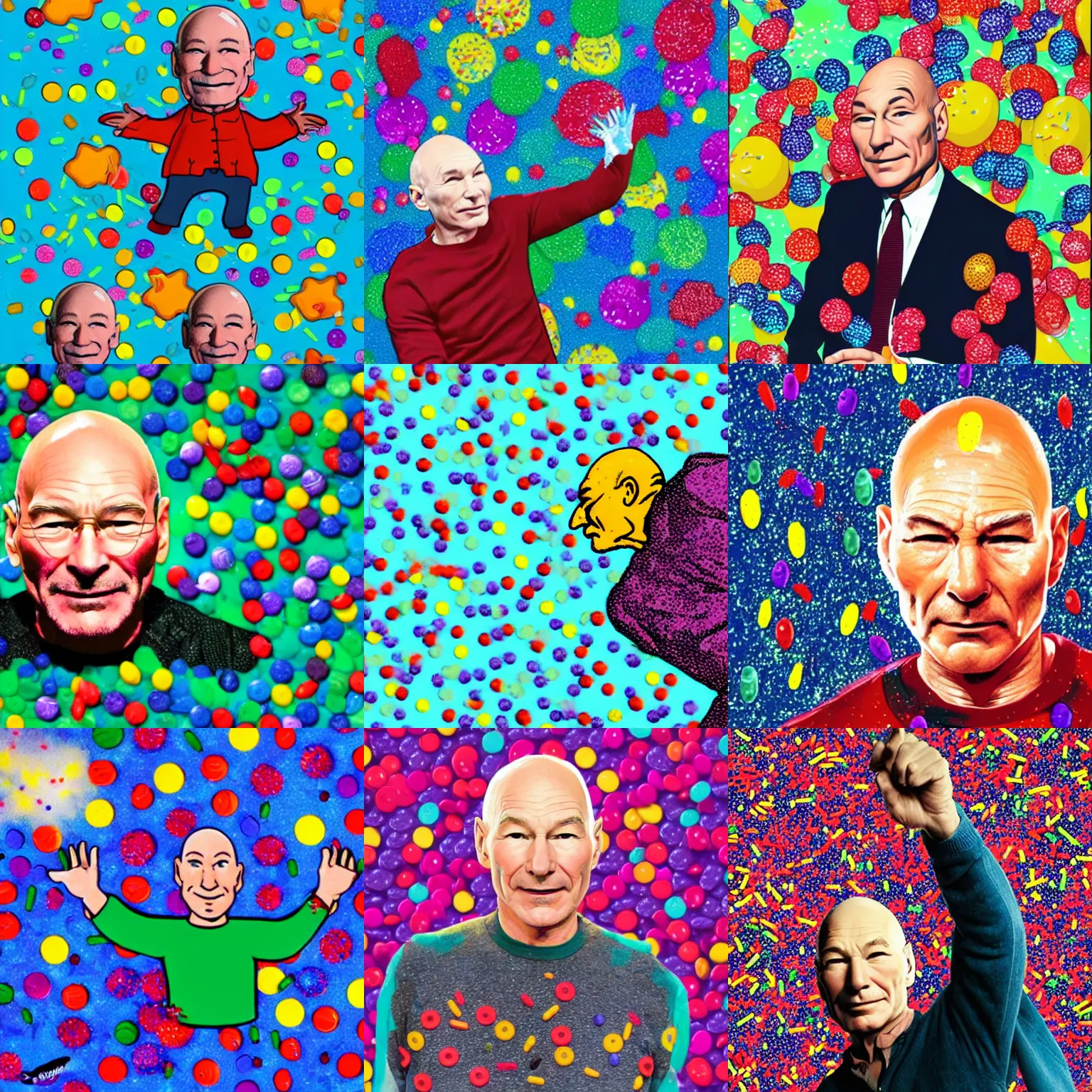 Prompt: Patrick Stewart drowning in sprinkles, colorful, dramatic, frantic, scared, sinking, arm reaching out