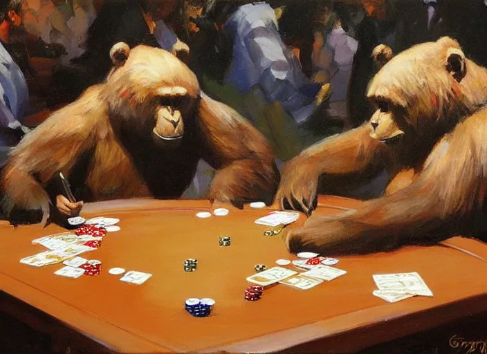 Prompt: one gorrila, one bear!!, playing poker, highly detailed beautiful, by gregory manchess, james gurney, james jean