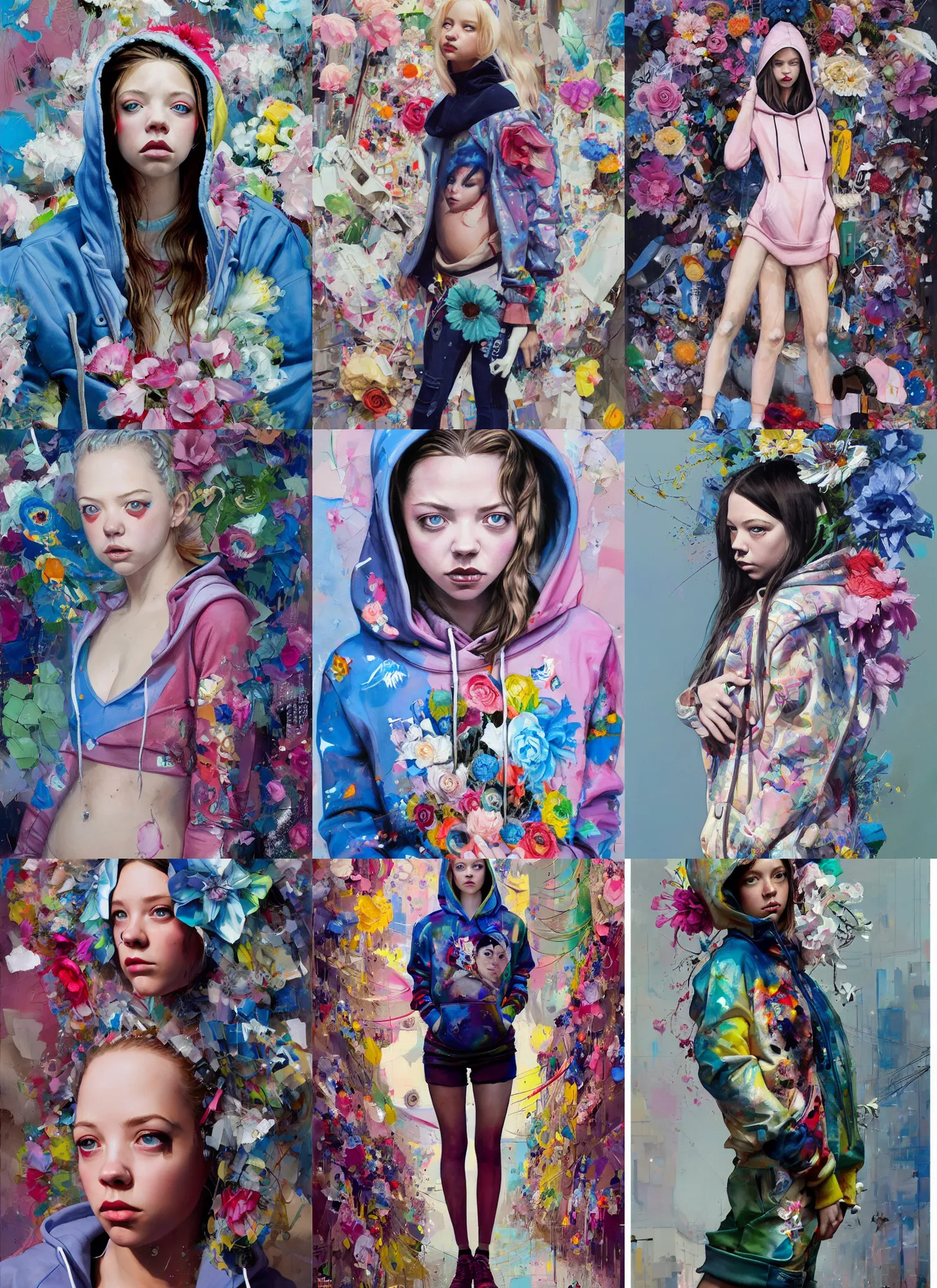 Prompt: 2 5 year old sydney sweeney in style of martine johanna and donato giancola, wearing a hoodie, standing in township street, street fashion outfit,!! haute couture!!, full figure painting by john berkey, david choe, ismail inceoglu, decorative flowers, 2 4 mm, die antwoord music video