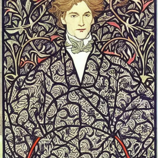 Image similar to dorian gray, master magician by william morris and mucha ( ornate intricate geometry )