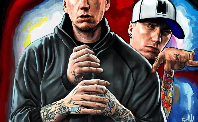 Image similar to eminem in gta v covert art painted by stephen bliss, centered, uncropped, full body, symmetrical face, crispy, trending on artstation, deviantart