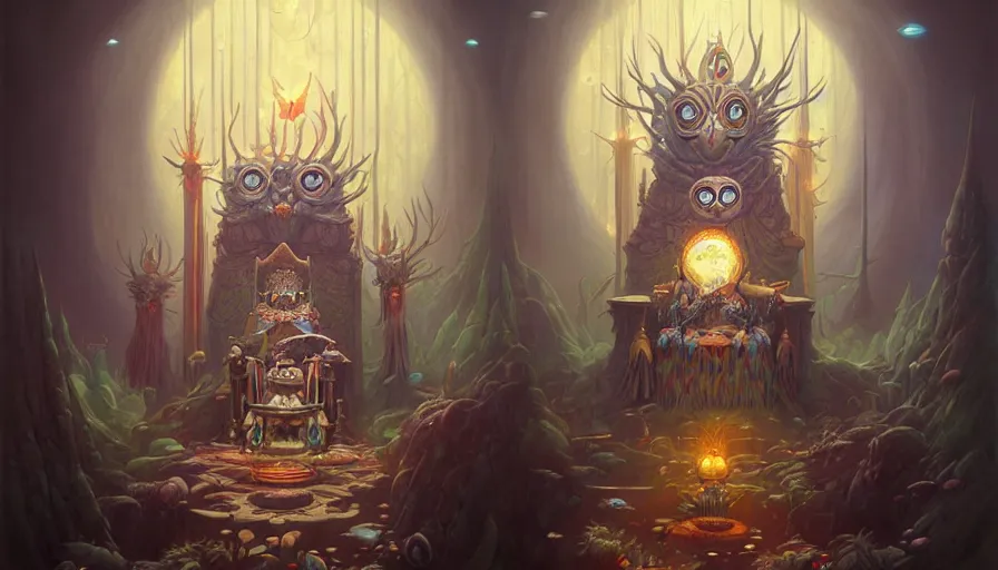 Prompt: Throne Room of the Shaman Owl King, by Peter Mohrbacher