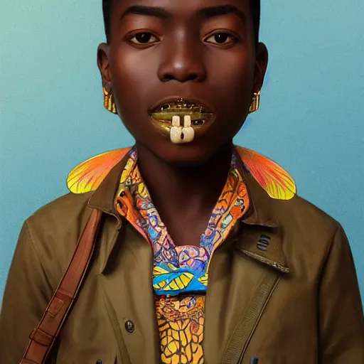 Prompt: colourful upper half portrait of an african boy with sliver teeth grillz, art by hsiao - ron cheng & alphonse mucha, highly detailed, digital painting, ray tracing, concept art, illustration, smooth sharp focus, intricate, symmetry, artstation,