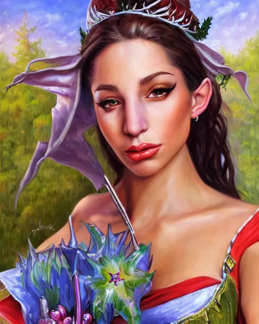 Image similar to abella danger as a beautiful elf princess, oil painting, by laura sava and julie bell