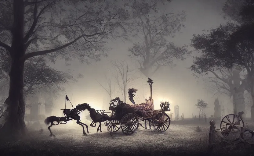 Prompt: park at night, skeleton horse with carriage, gloomy and foggy atmosphere, octane render, rembrandt, cgsociety, artstation trending, horror scene, highly detailed