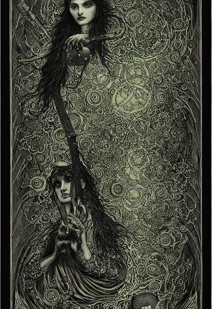 Image similar to tarot card of hecate the gloomy and beautiful goddess of witchcraft, torches, ancient keys, smokes, gustave dore, andrey remnev, black paper, etching, engraving, intricate line work, green line work details, mandelbulb fractal, portrait, trending on artstation, exquisite details, risography print, 4 k, 4 k