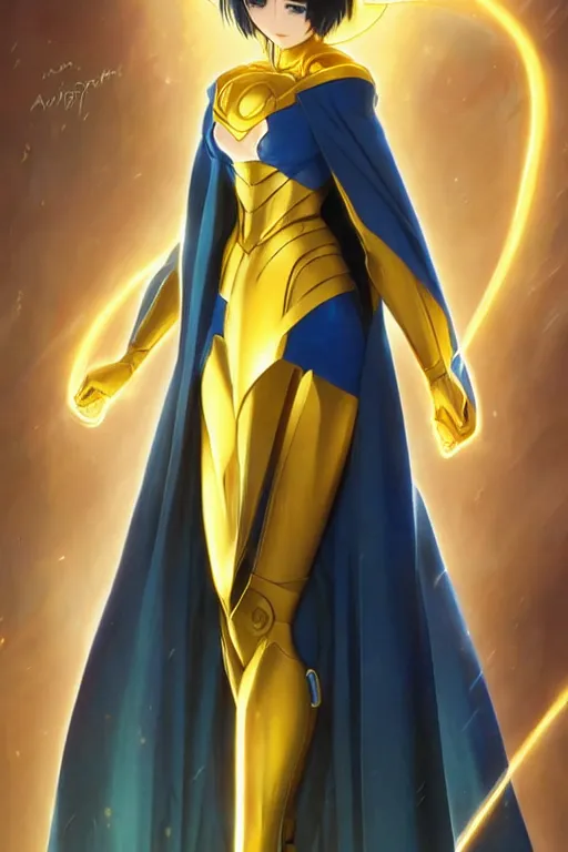 Image similar to anime key visual of a beautiful young female doctor fate!! intricate, cape, glowing, powers, dc comics, cinematic, stunning, highly detailed, digital painting, artstation, smooth, hard focus, illustration, art by artgerm and greg rutkowski and alphonse mucha