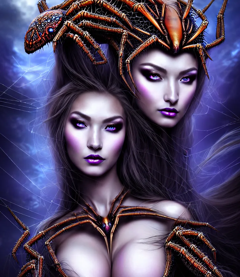 Image similar to close up portrait on the enchanting femenine queen of the zerg, hyper attractive, seductive, very complex, hyper-maximalist, overdetailed, legendary cinematic, darkfantasy, archetype with timeless beauty breathtaking eyes, her spider like legs spread evenly around her framing the image, collossal alien ship in the sky behind her, highly intricate, digital art, very elegant, HDR 8K, biblical art, realism, incomprehensible yet perspicious detail, unbeatable quality, silent hill aesthetic, photorealistic, lifelike, DSLR 8k, unbeatable coherency, Omnious intricate, octane render, created Nixeu & z--ed from deviantart