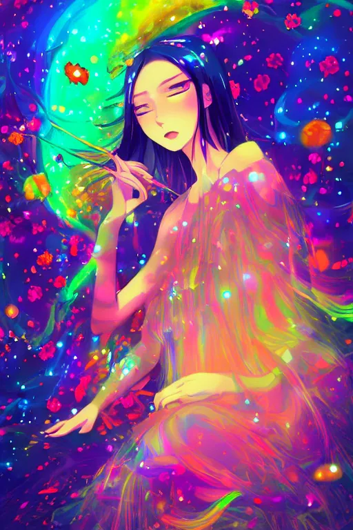 Image similar to psychedelic, whimsical, anime, 4k, beautiful intimate woman with professional makeup, long trippy hair, a crystal and flower dress, sitting in on a reflective pond underneath the stars, rainbow fireflies, trending on patreon, deviantart, twitter, artstation, volumetric lighting, heavy contrast, art style of Ross Tran and Ilya Kuvshinov