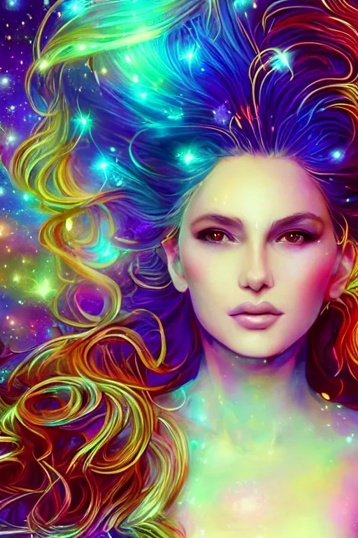 Image similar to a super realistic beautiful young womans face, magical, space stars and planets in her hair, windblown, intricate, synth-wave, retrowave, colorful, highly-detailed, elegant, dramatic lighting, gorgeous face, lifelike, photorealistic face, long luxurious intricate gown, digital painting, artstation, illustration, concept art, smooth, sharp focus, art by Jude Palencar, John Collier, artgerm, and Albert Aublet and Krenz Cushart and Artem Demura and Alphonse Mucha