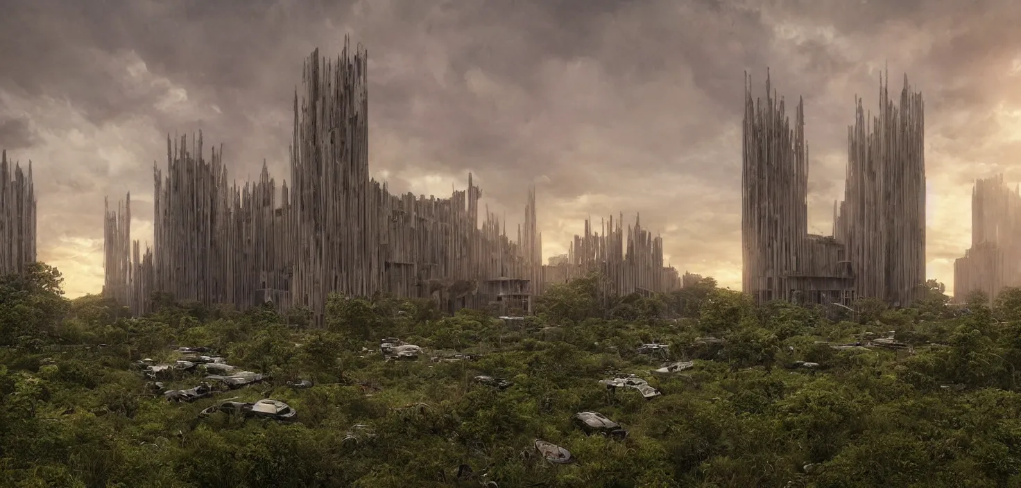 Image similar to an extremely detailed cathedral of brutalist architecture, surrounded by lush green vegetation, stunning volumetric lighting, sunset, rusted metal, concrete, translucent material, stunning skies, scattered rubbish and debris, 8k, photorealistic, hyper detailed, unreal engine 5, IMAX quality, cinematic, epic lighting, digital painting in the style of DOOM and Quake, by Greg Rutkowski, trending on Artstation
