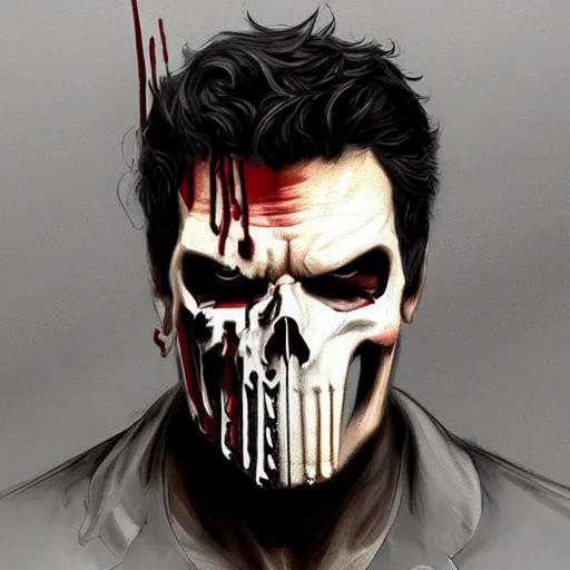 Image similar to portrait of dying frank castle the punisher, skull face paint, intricate, elegant, highly detailed, centered, grungy, digital painting, artstation, concept art, smooth, sharp focus, illustration, artgerm, artstation, boris vallejo