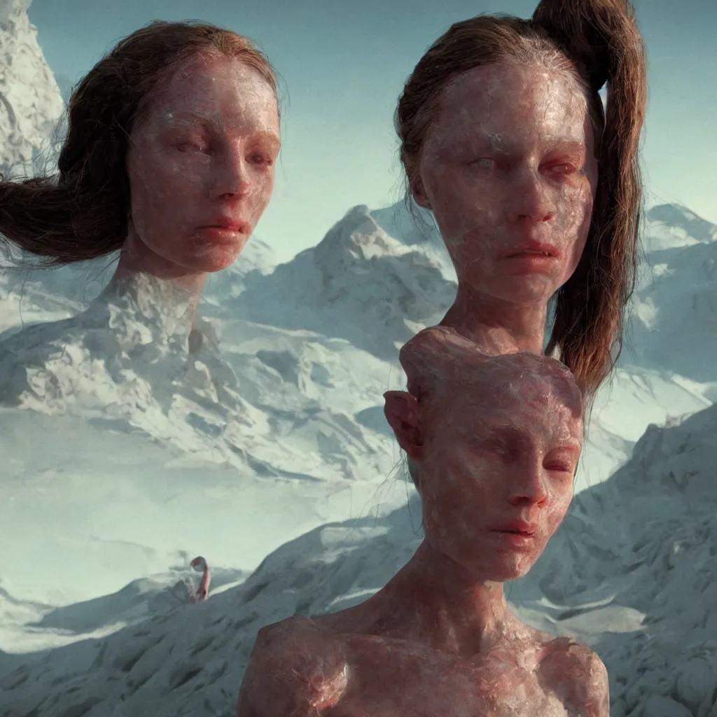 Image similar to extremely detailed cinematic movie still 3 0 7 7 portrait shot of phoenix princess 1 8 years old white woman hyperreal skin face at the mountain top by denis villeneuve, wayne barlowe, simon birch, marc simonetti, philippe druillet, beeple, bright volumetric sunlight from remote star, rich moody colors, closeup, bokeh