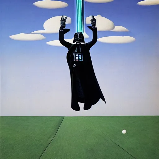 Image similar to portrait of darth vader aiming at sky, painting by rene magritte, high detail, high resolution