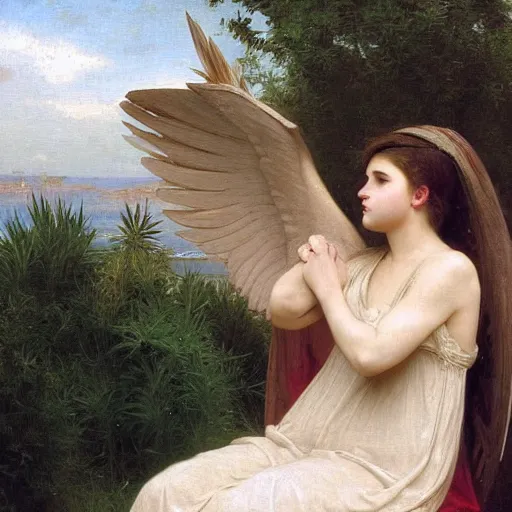 Image similar to an oil painting of an angel driving a car in a drive through, talking to the speaker machine, exterior view, by Bouguereau, highly realistic and intricate