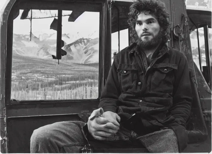 Image similar to Christopher McCandless sits in front of Fairbanks Bus 142, self-portrait photograph