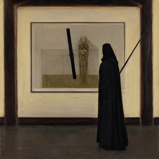 Image similar to the grim reaper standing stoic in black robe, holding scythe, waiting patiently, in a museum with paintings and people, perfect composition, by edmond leighton, simon stalenhag